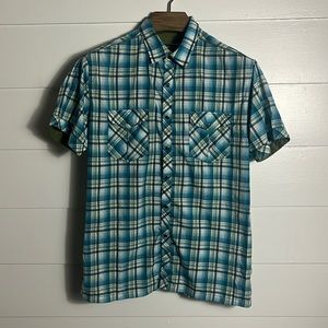 Kuhl Eluxur Shirt Large Plaid Pearl Snap Short Sleeve Outdoor Hiking Blue